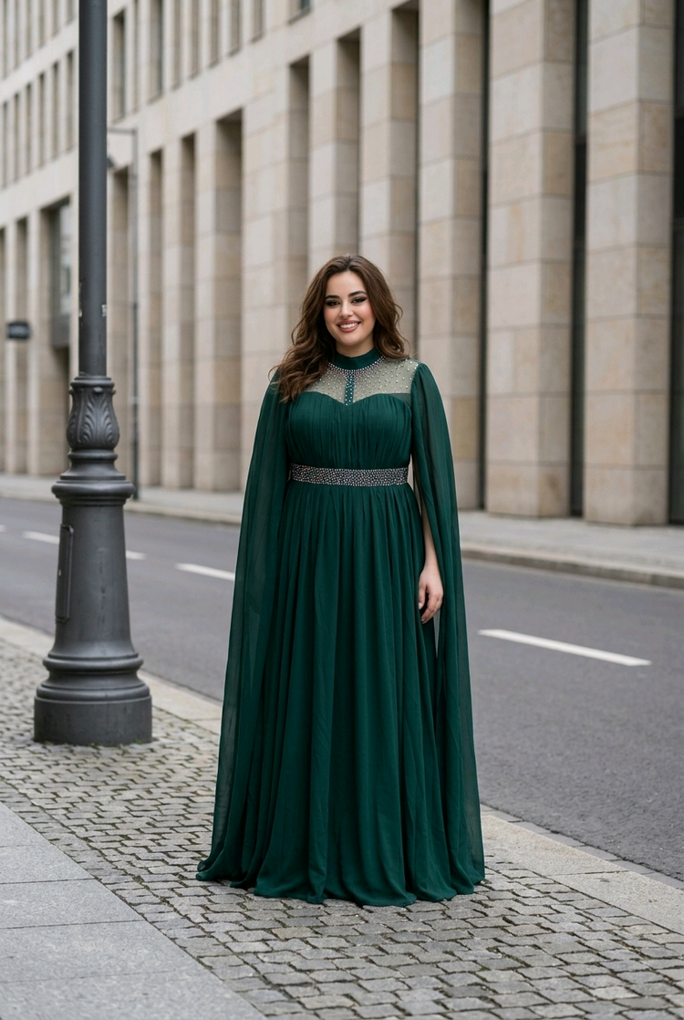 Green Embellished Gown with Cape Sleeves, Size 5XL