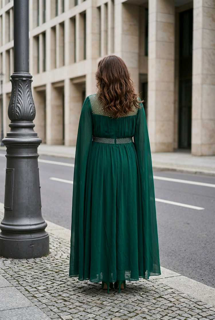 Green Embellished Gown with Cape Sleeves, Size 5XL