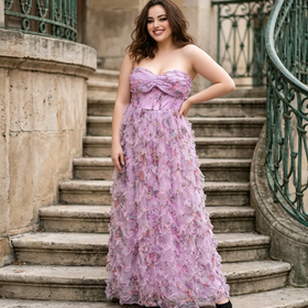 Lavender Strapless Gown with Floral Ruffling, Size XL