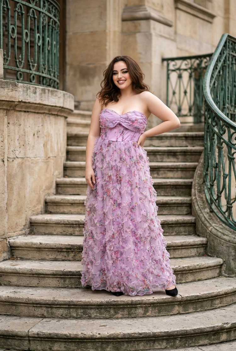 Lavender Strapless Gown with Floral Ruffling, Size XL