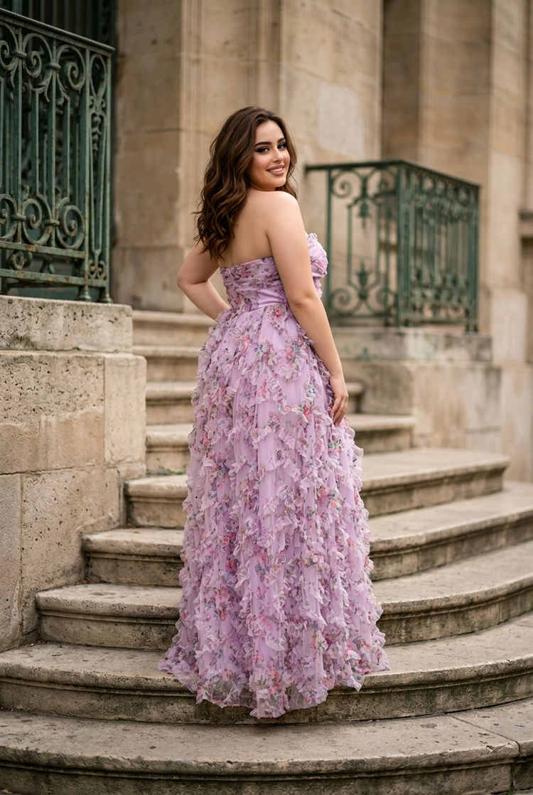 Lavender Strapless Gown with Floral Ruffling, Size XL