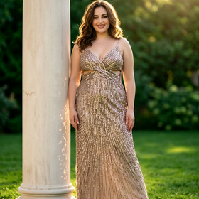 Mac Duggal Gold and Rose Gold Sequin Gown, Size 16