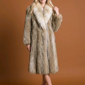 Coyote Fur Long Coat with Statement Shawl Collar Sz L