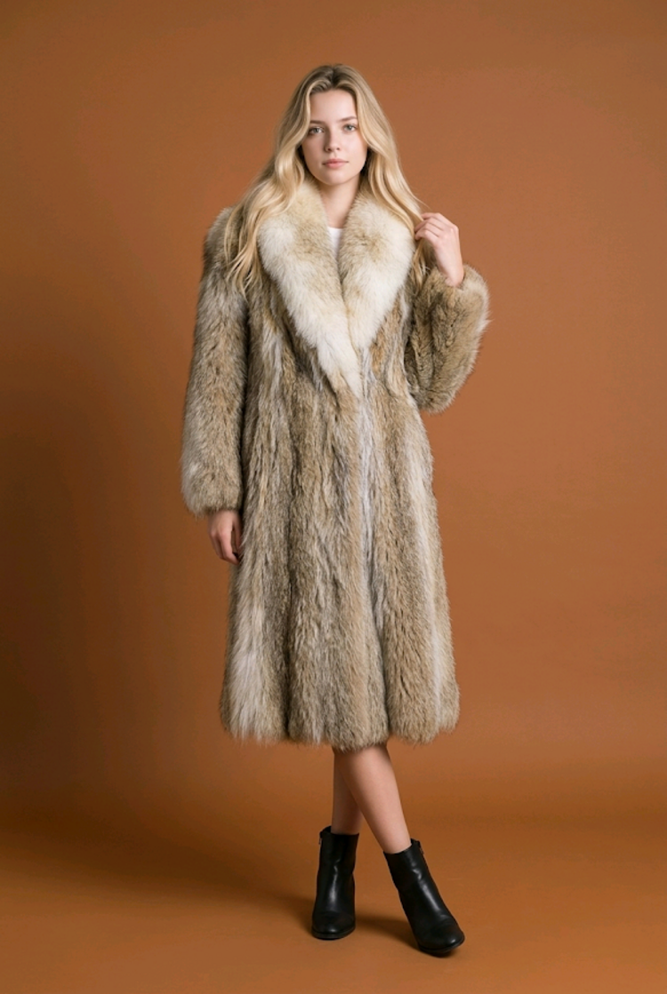 Coyote Fur Long Coat with Statement Shawl Collar Sz L