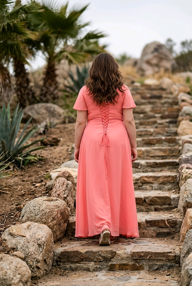 Coral Flowy Gown with Flutter Sleeves, Size 16