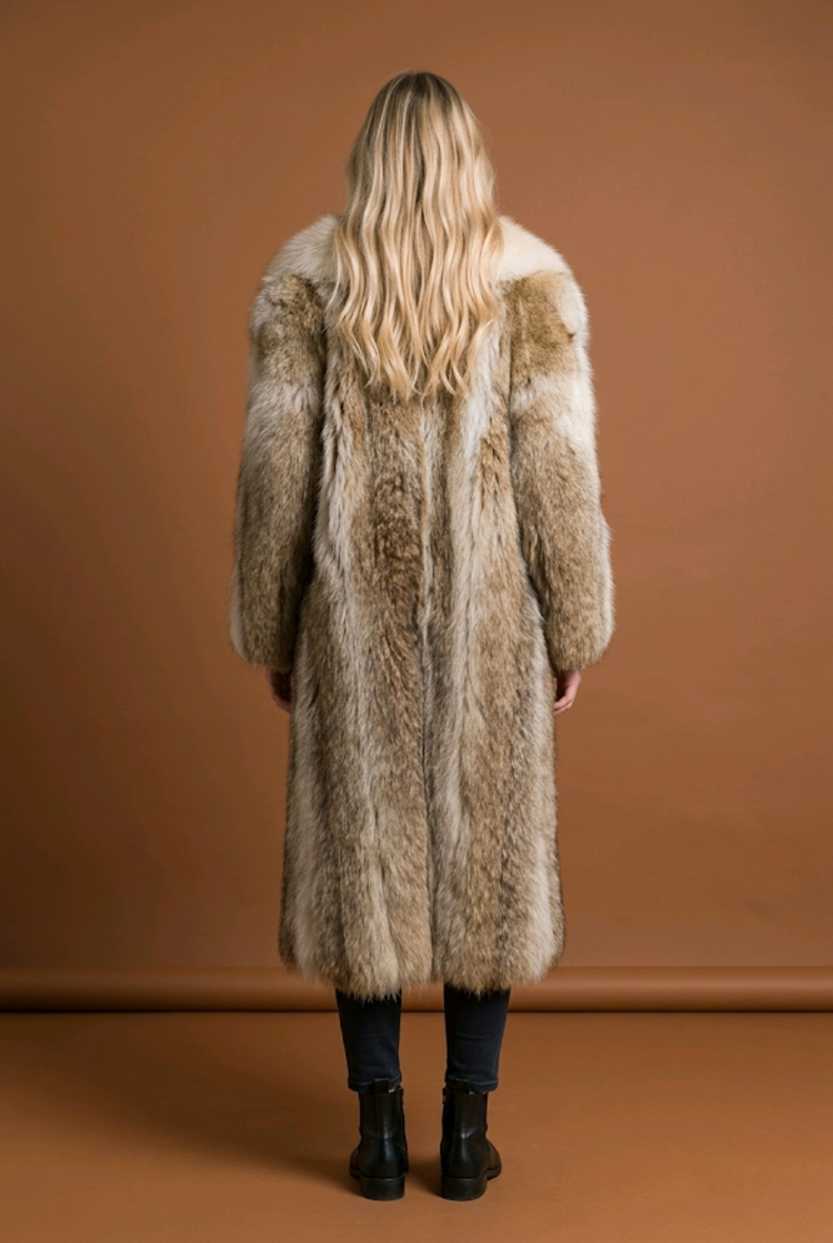 Coyote Fur Long Coat with Statement Shawl Collar Sz L