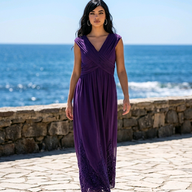 Purple Gown with Criss-Cross Bodice and Embellished Hem, Size 18