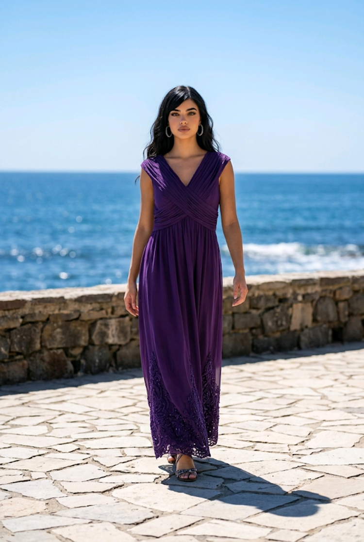 Purple Gown with Criss-Cross Bodice and Embellished Hem, Size 18