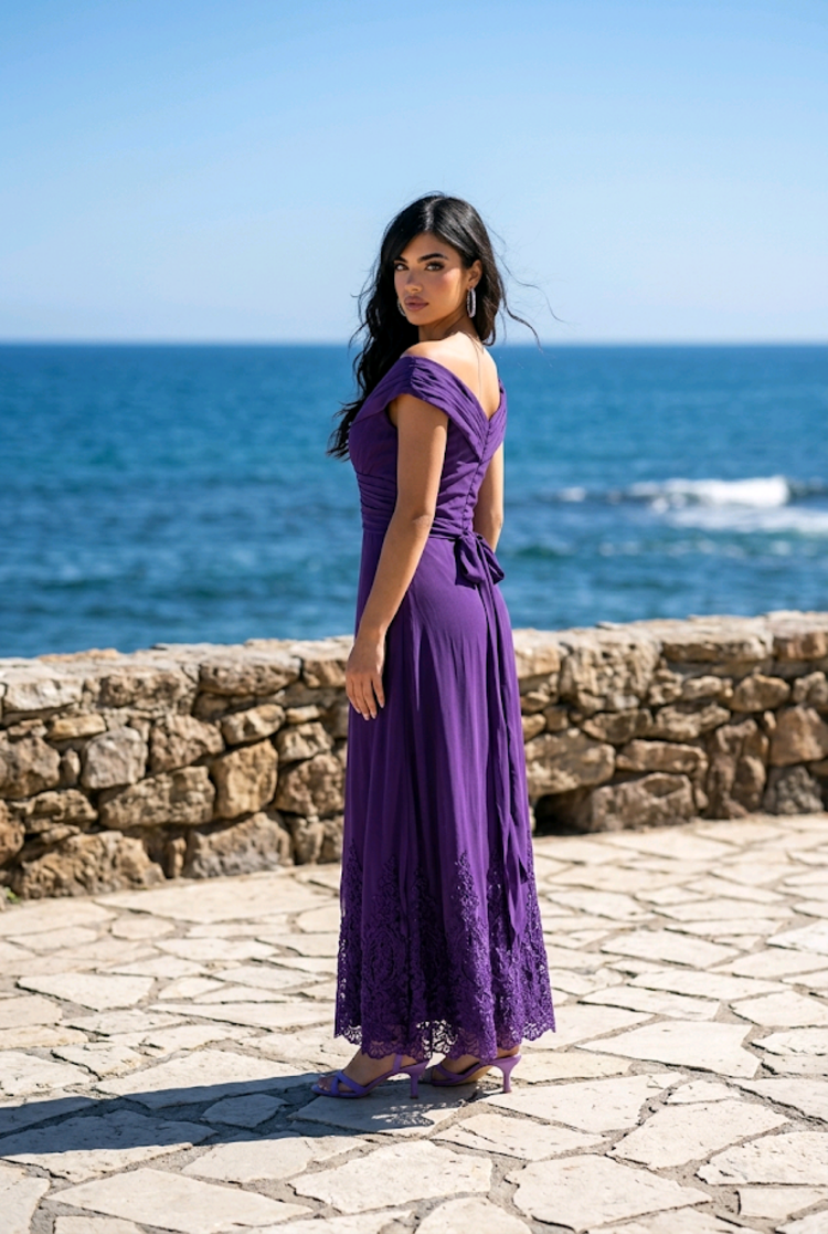 Purple Gown with Criss-Cross Bodice and Embellished Hem, Size 18