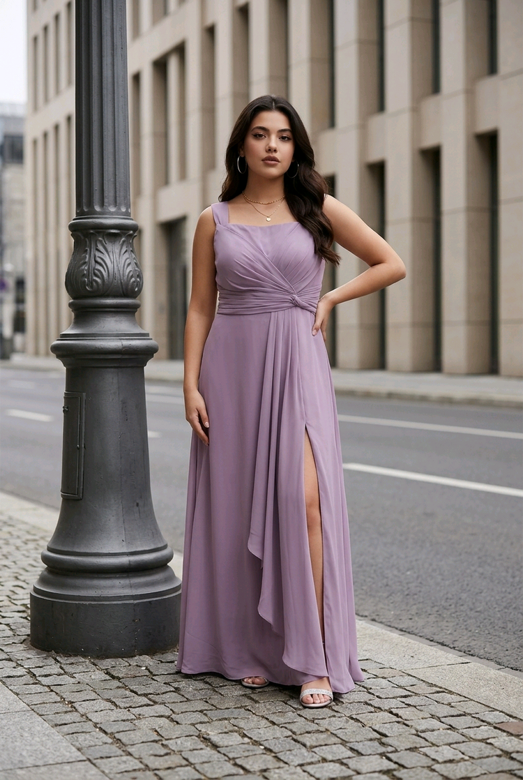 Dusty Purple Gown w/Ruched Bodice, Slit, & Pockets, Size 20