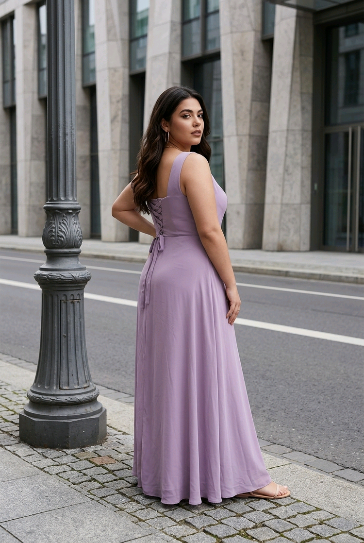 Dusty Purple Gown w/Ruched Bodice, Slit, & Pockets, Size 20