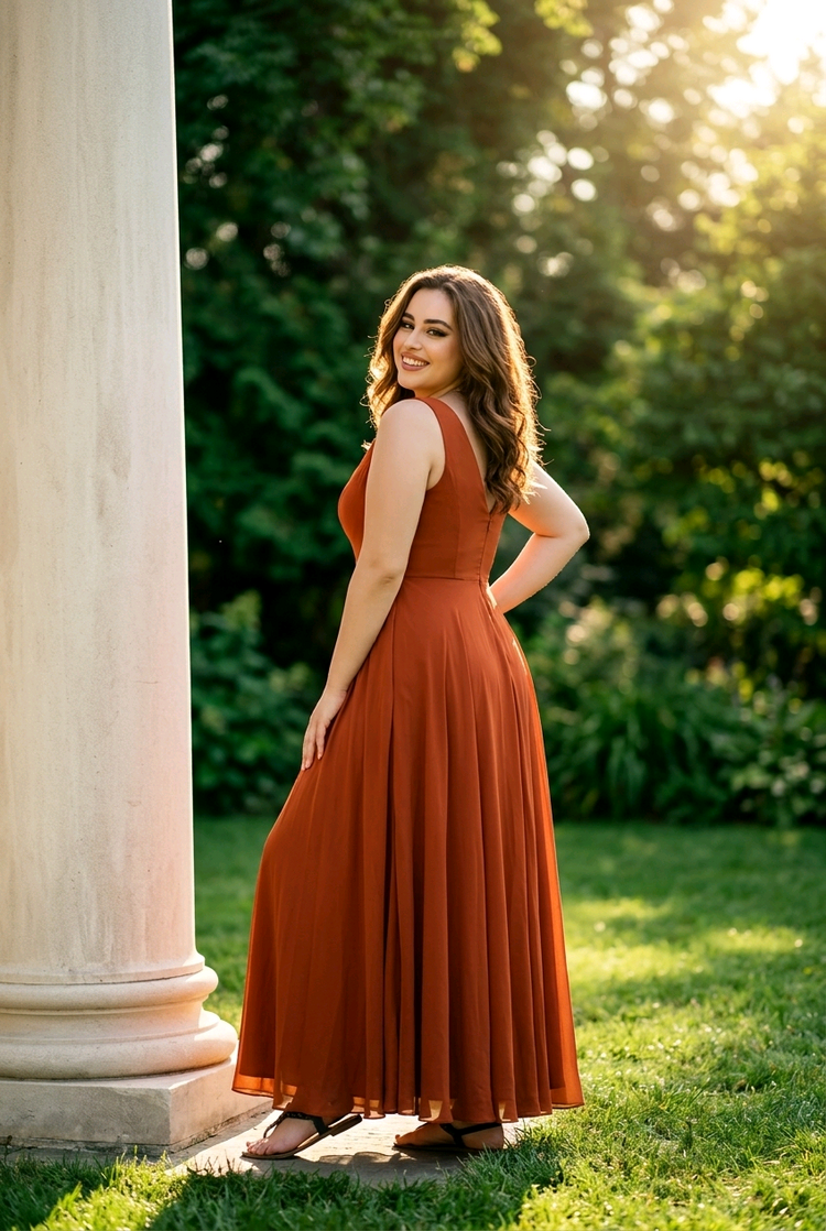 Terracotta Gown w/Ruched Bodice, Slit, & Pockets, Size 18