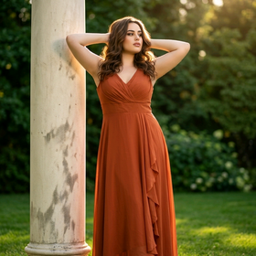 Terracotta Gown w/Ruched Bodice, Slit, & Pockets, Size 18