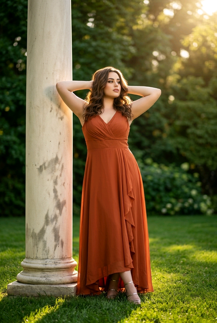 Terracotta Gown w/Ruched Bodice, Slit, & Pockets, Size 18