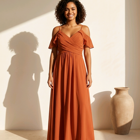 Terracotta Cold Shoulder Gown w/Ruched Bodice & Slit, Size 14