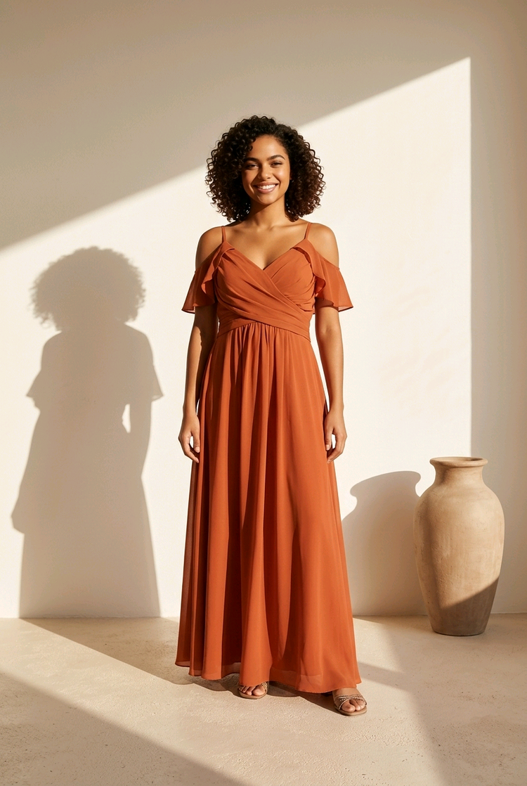 Terracotta Cold Shoulder Gown w/Ruched Bodice & Slit, Size 14