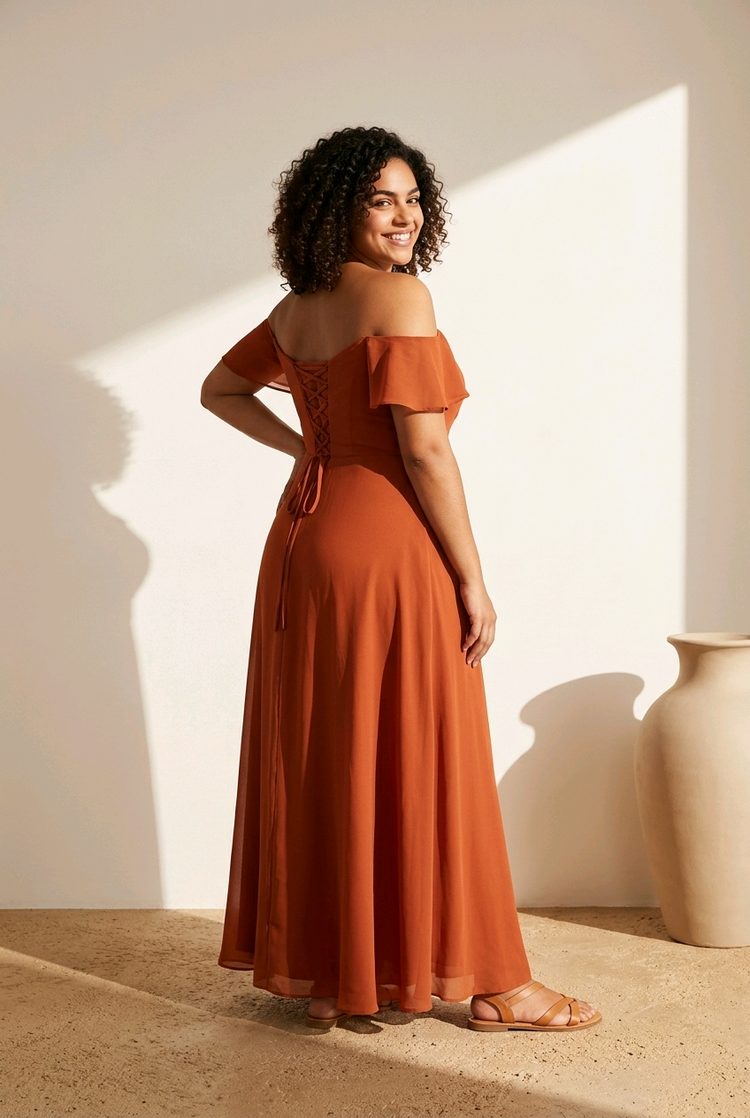 Terracotta Cold Shoulder Gown w/Ruched Bodice & Slit, Size 14