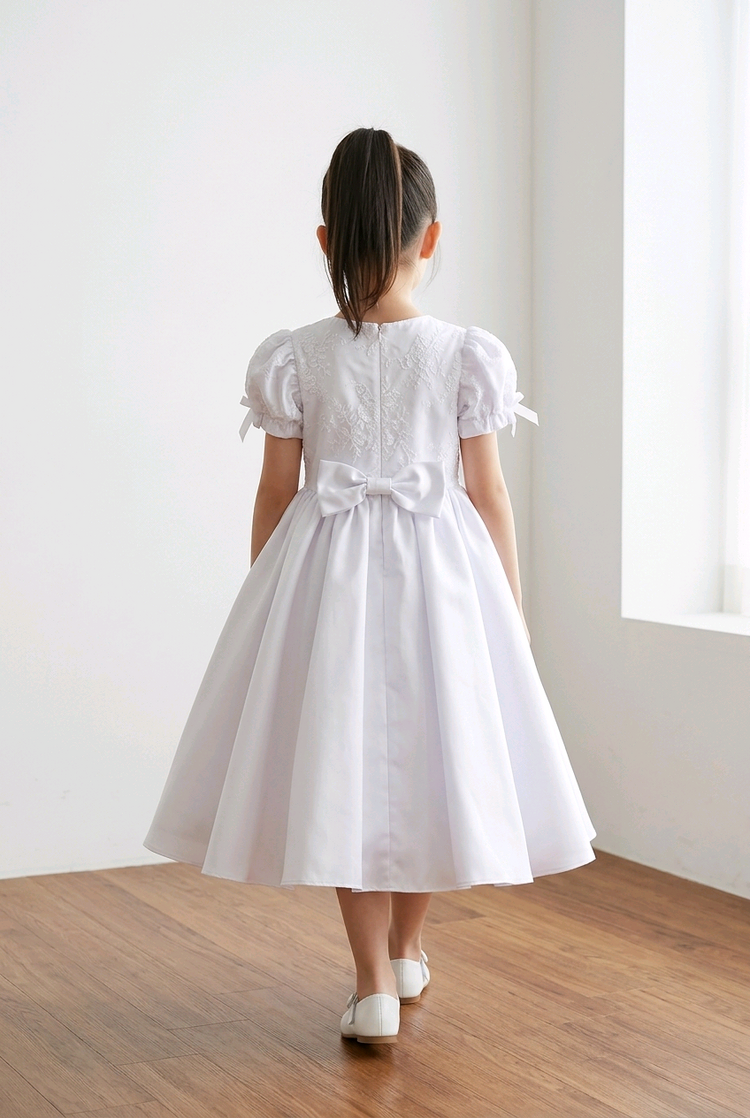 White Satin Babydoll Embroidered Puff Sleeve Full Dress, Size 8
