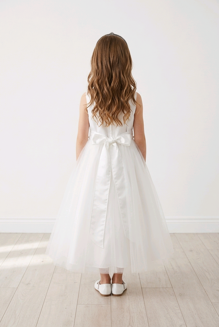 White Satin Top Girls Dress with Wavy Rhinestone 7 Pearl Trim, Size 7-8