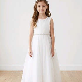 White Satin Top Girls Dress with Wavy Rhinestone 7 Pearl Trim, Size 7-8