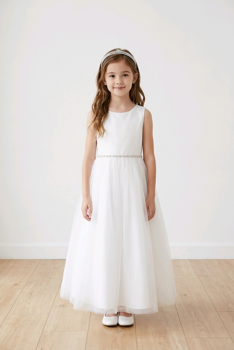White Satin Top Girls Dress with Wavy Rhinestone 7 Pearl Trim, Size 7-8