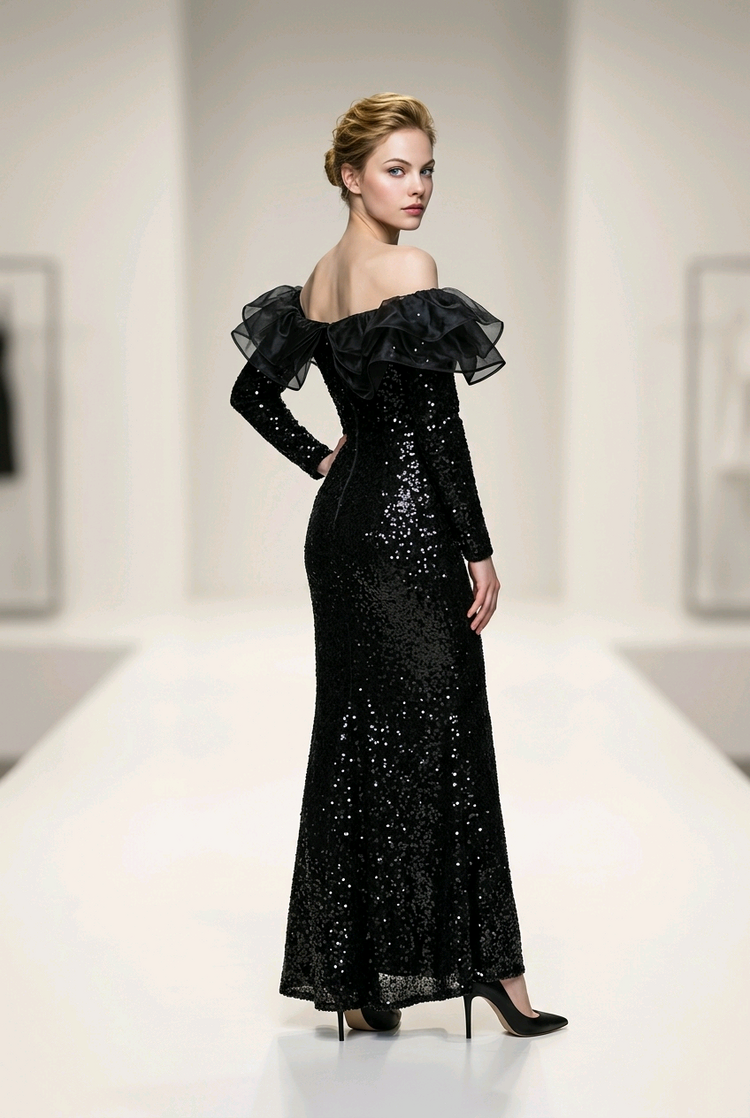 Black Sequined Velvet Gown with Ruffled Neckline, Size XS