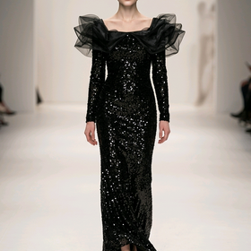 Black Sequined Velvet Gown with Ruffled Neckline, Size XS