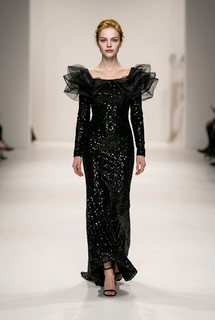 Black Sequined Velvet Gown with Ruffled Neckline, Size XS