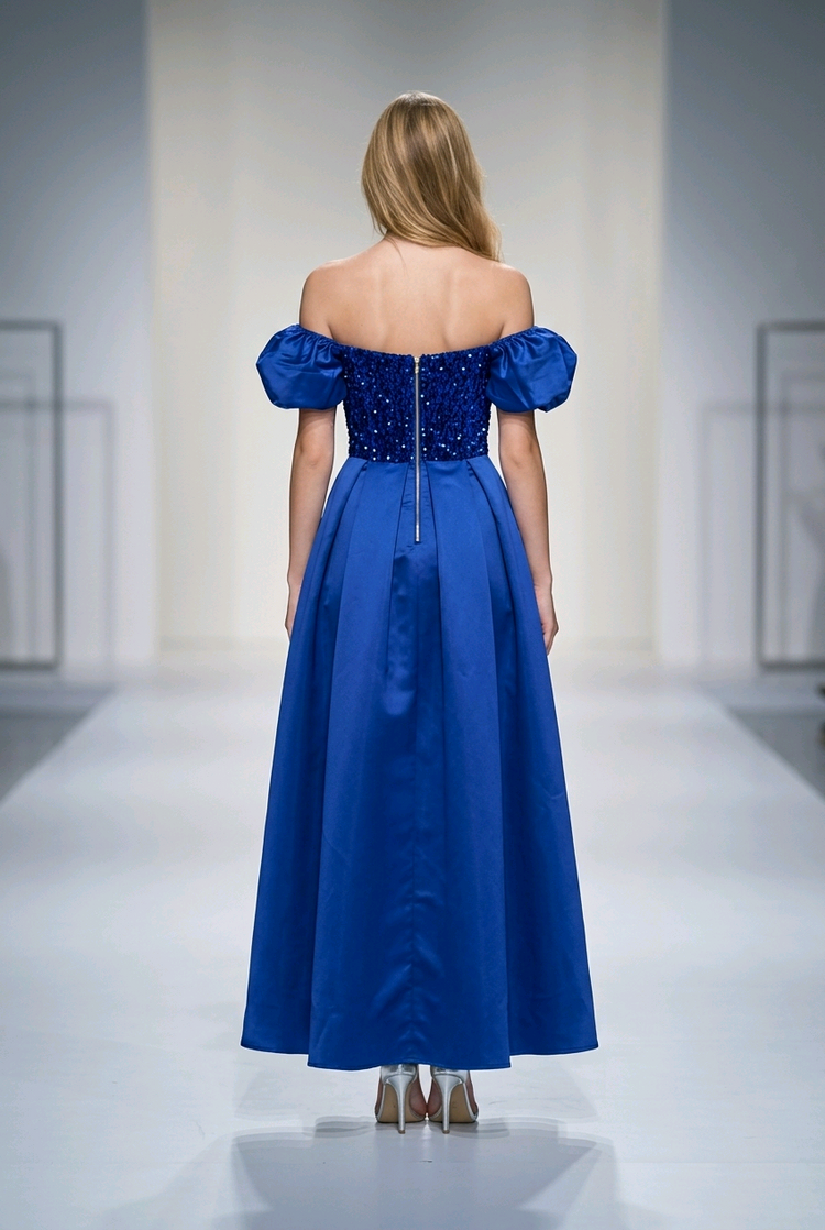 Royal Blue Sequined Velvet Gown with Overskirt, Size XS