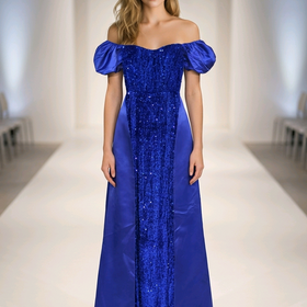 Royal Blue Sequined Velvet Gown with Overskirt, Size XS