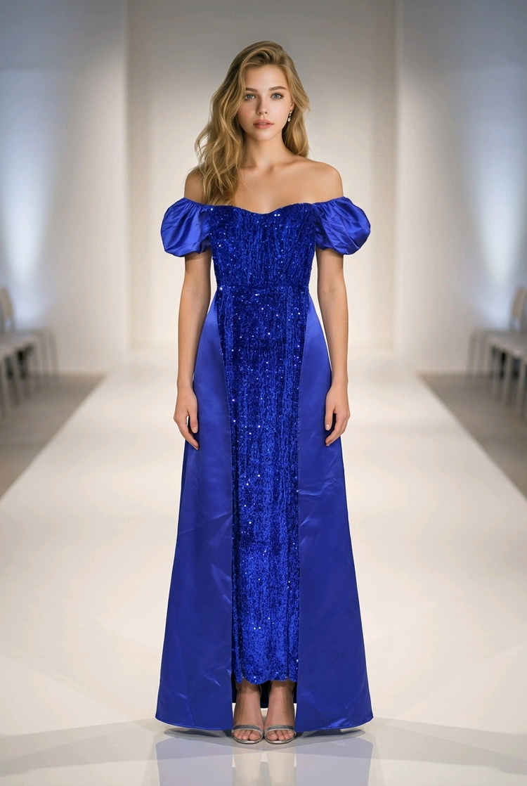 Royal Blue Sequined Velvet Gown with Overskirt, Size XS