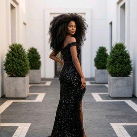 Black Sequined Velvet Gown with Dramatic Ruffled Slit, Size M