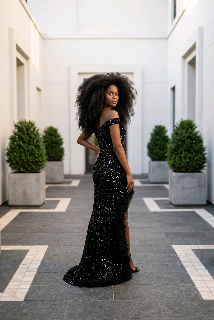 Black Sequined Velvet Gown with Dramatic Ruffled Slit, Size M