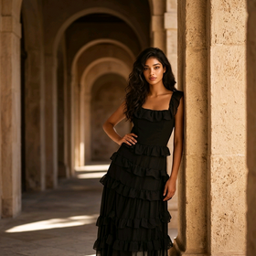 Black Multi-Ruffle Gown with Slit & Corset Back, Size 8