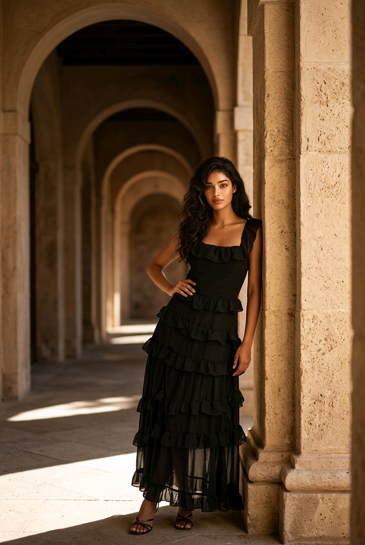 Black Multi-Ruffle Gown with Slit & Corset Back, Size 8