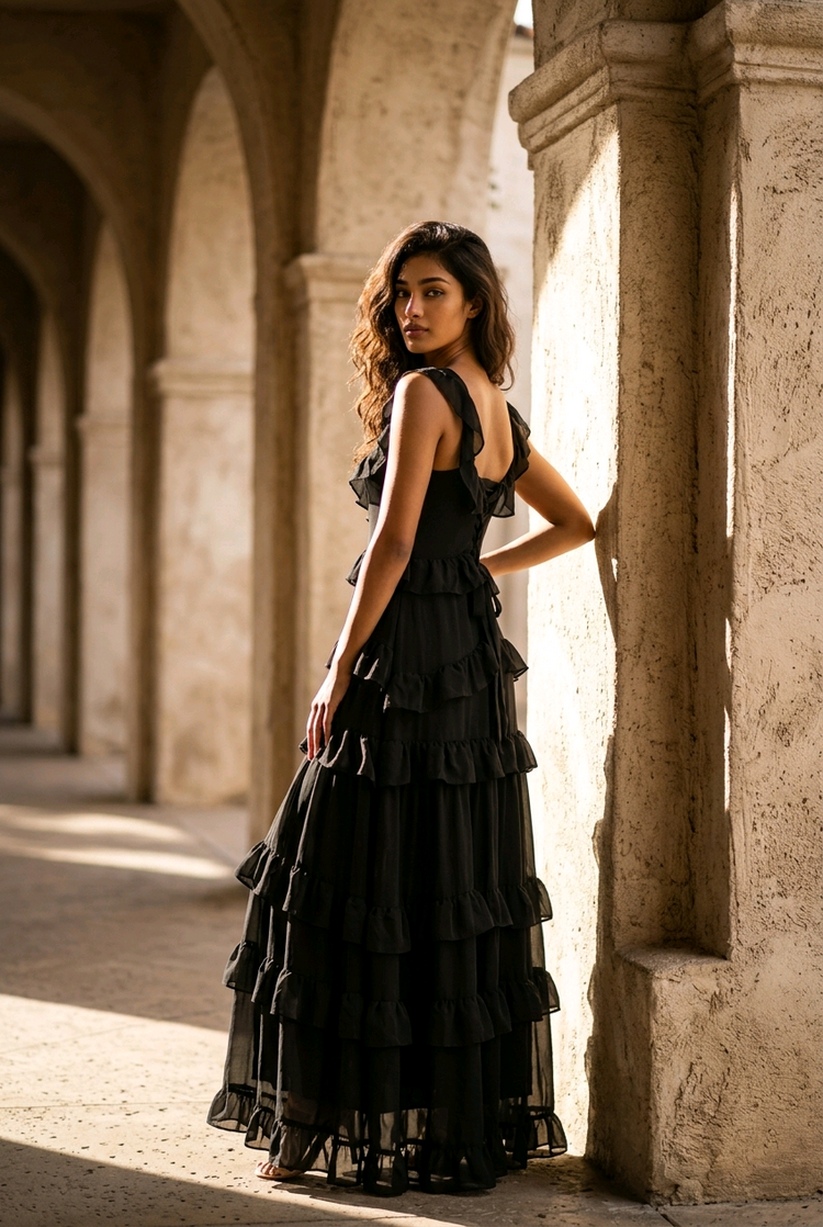 Black Multi-Ruffle Gown with Slit & Corset Back, Size 8