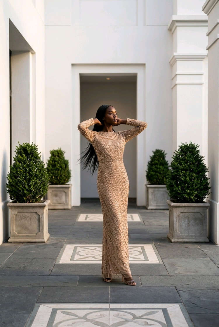 Mac Duggal Mocha Long Sleeve Gown with Wave Patterned Beads, Size 8