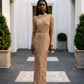 Mac Duggal Mocha Long Sleeve Gown with Wave Patterned Beads, Size 8