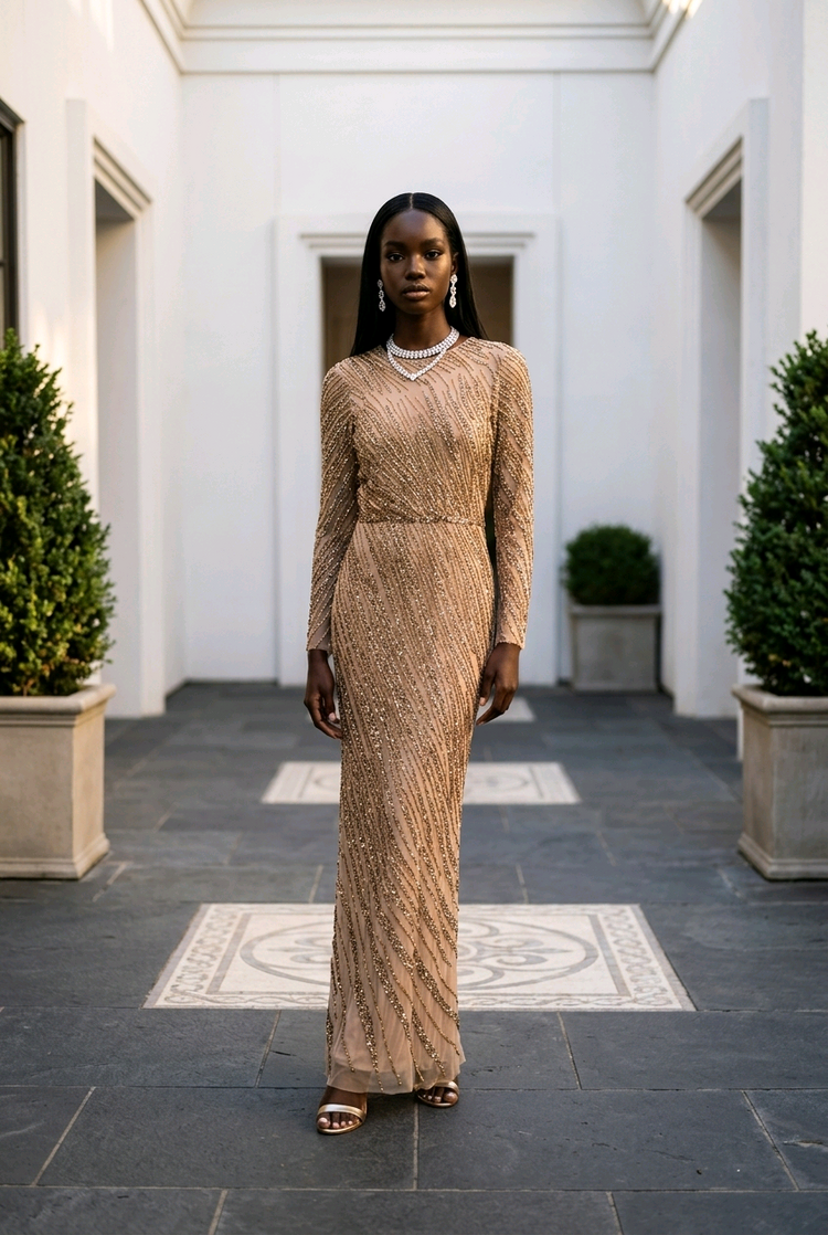 Mac Duggal Mocha Long Sleeve Gown with Wave Patterned Beads, Size 8