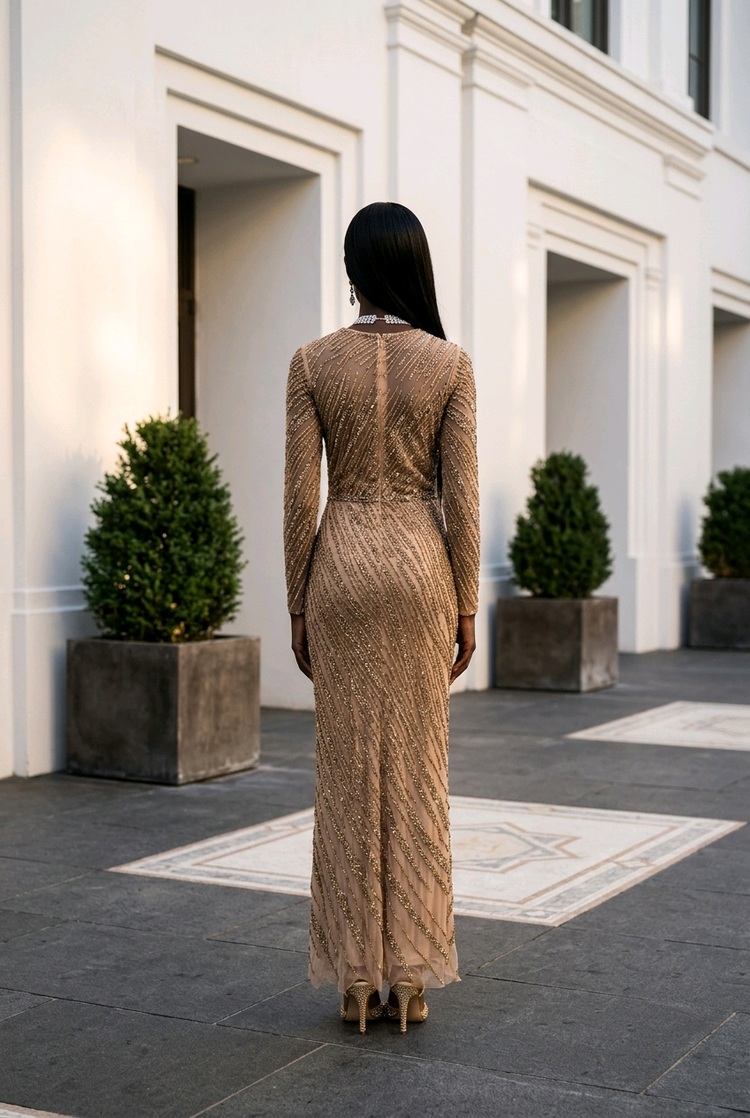 Mac Duggal Mocha Long Sleeve Gown with Wave Patterned Beads, Size 8