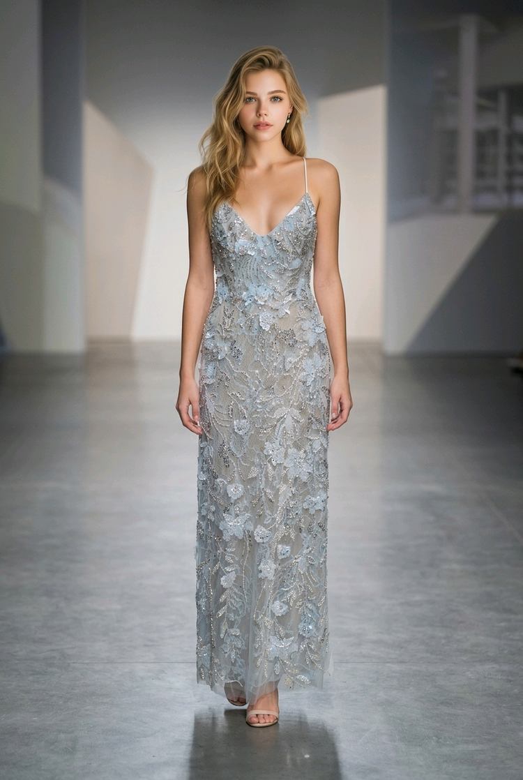 Mac Duggal Light Blue Lace & Beaded Gown with Cross-Strap Back, Size 10