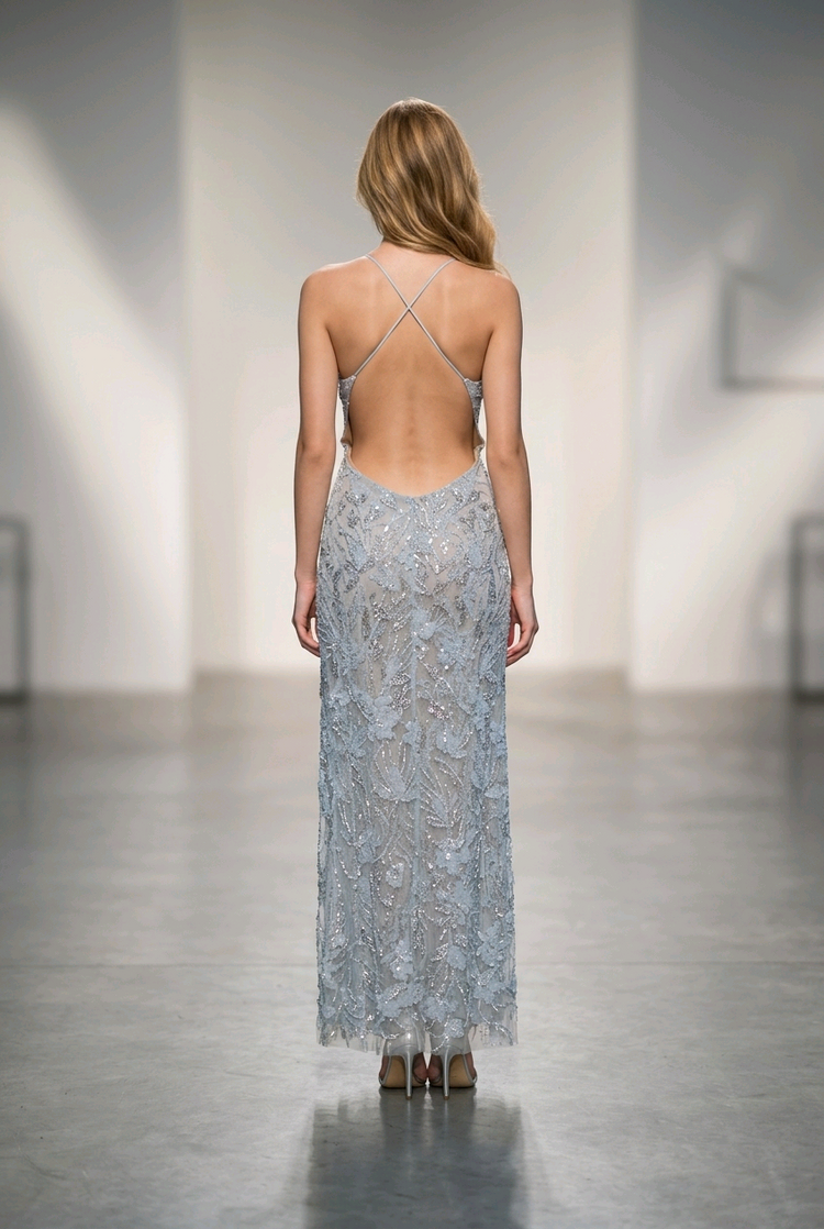 Mac Duggal Light Blue Lace & Beaded Gown with Cross-Strap Back, Size 10