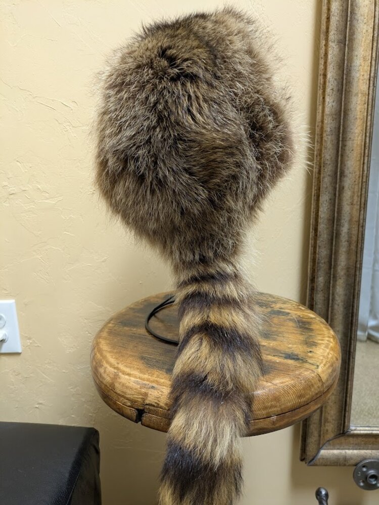 North American Raccoon Fur Daniel Boone Hat with Tail