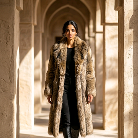 Nigbor Furs Feathered Finnraccoon Tanuki Fur Long Coat with Luxurious Shawl Collar, sz L