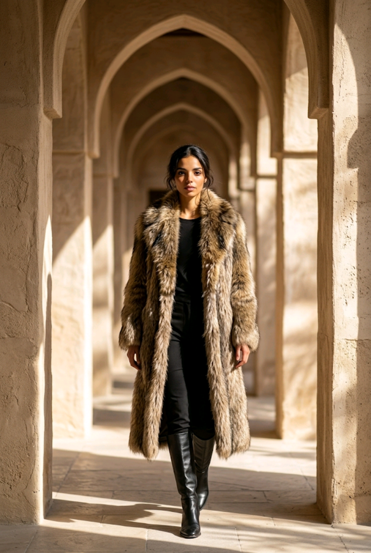 Nigbor Furs Feathered Finnraccoon Tanuki Fur Long Coat with Luxurious Shawl Collar, sz L