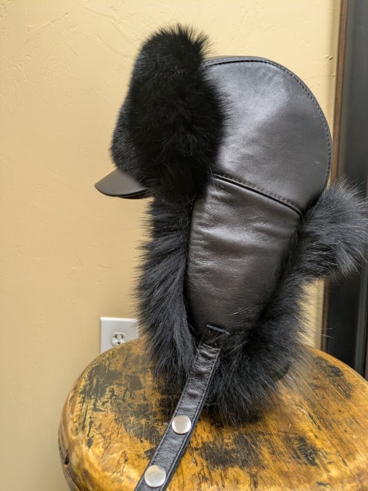 Dyed Black Fox and Leather Trapper Hat with Visor, O/S