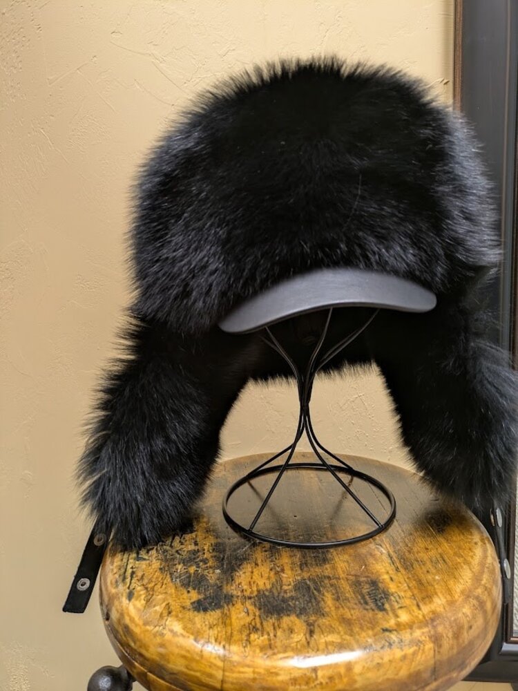 Dyed Black Fox and Leather Trapper Hat with Visor, O/S