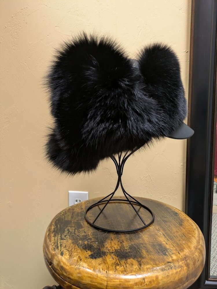 Dyed Black Fox and Leather Trapper Hat with Visor, O/S