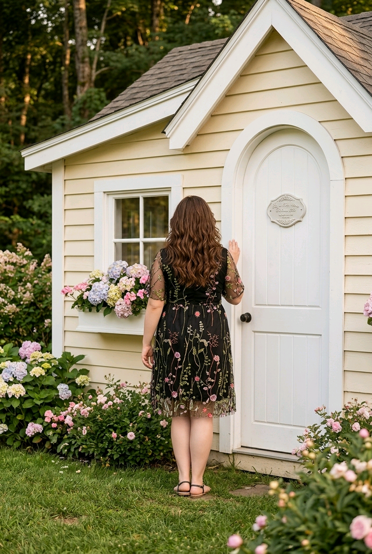 Black Floral Embroidered Faux Wrap Dress, Size 2XL