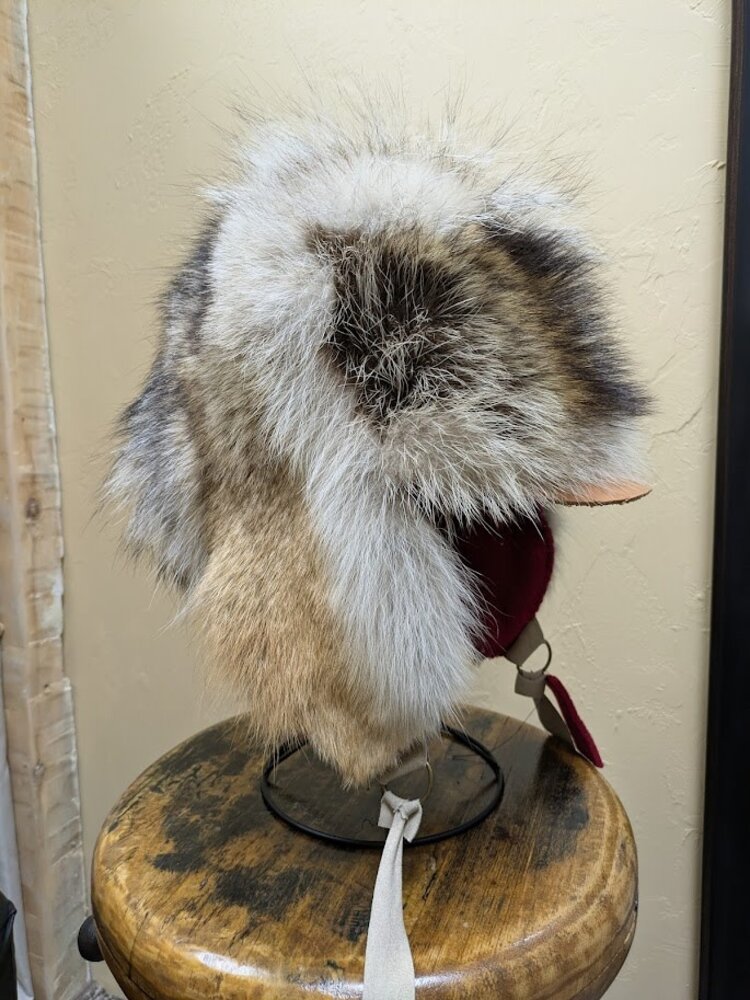 Coyote and Raccoon Fur Ushanka Hat with Leather Brim, OS